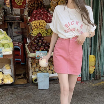 JMPRS Sweet Pink Women Denim Skirts High Waist Student A Line Korean Solid Mini Skirt Causal Summer Vintage Ladies Jeans Skirt