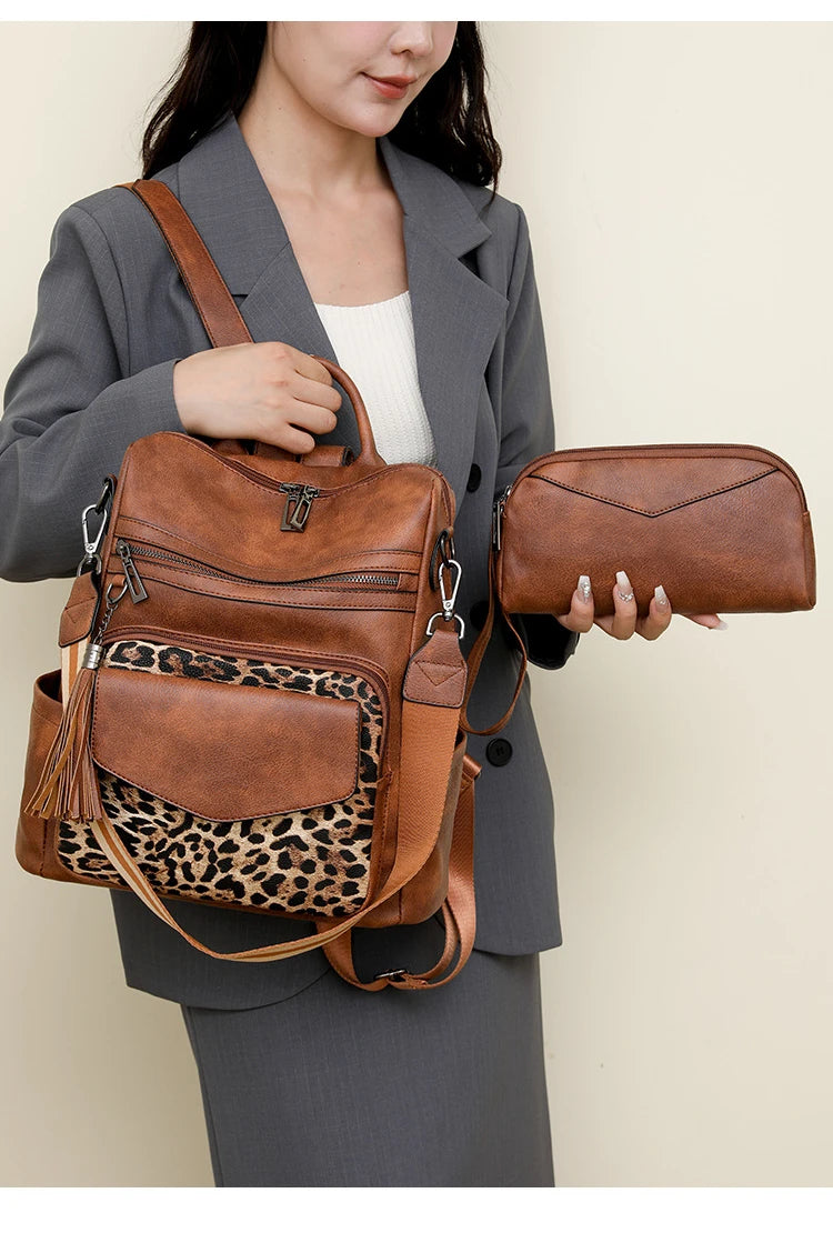 Backpack for Women Large Womens Backpack Leather Travel Fashion Purse Designer Ladies Shoulder Bags with Tassel Two-toned Brown
