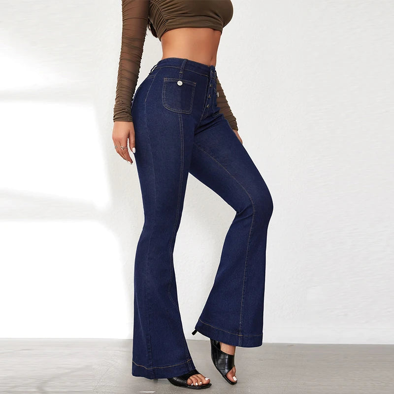 Elegant Single Breasted Women's Denim Flare Pants Retro High Waist High Package Slim Commute Jeans 2025 New Chic Ladies Trousers