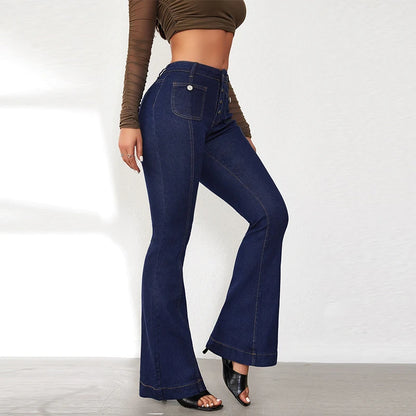 Elegant Single Breasted Women's Denim Flare Pants Retro High Waist High Package Slim Commute Jeans 2025 New Chic Ladies Trousers