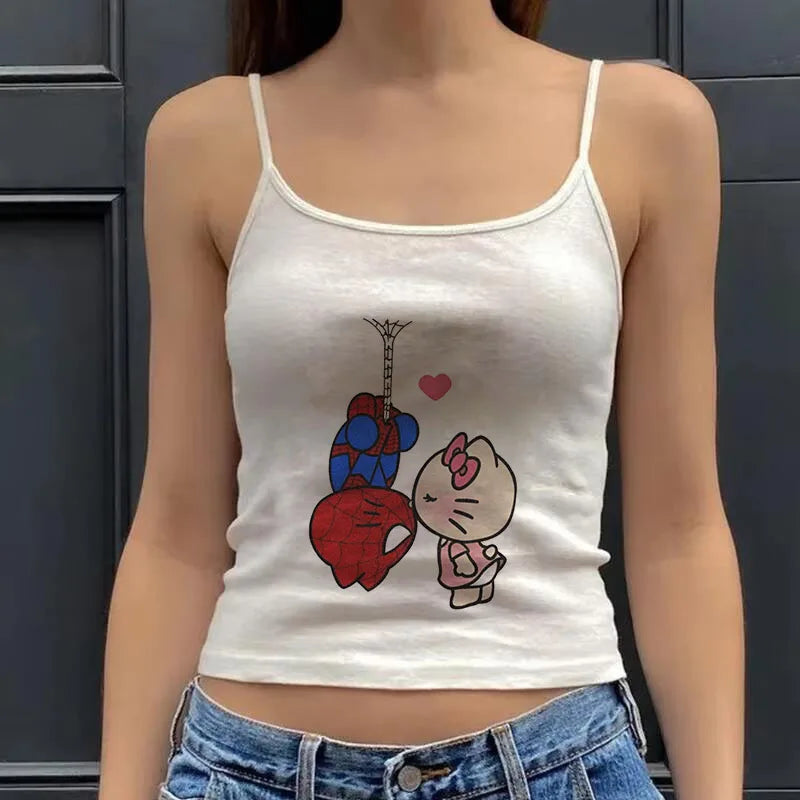 2000s Tops Emo Girls Camisole Tops Hello Kitty Print Grunge Crop Tops Y2k Clothes Vintage Punk Women's Corset Tank Top Baby Tees