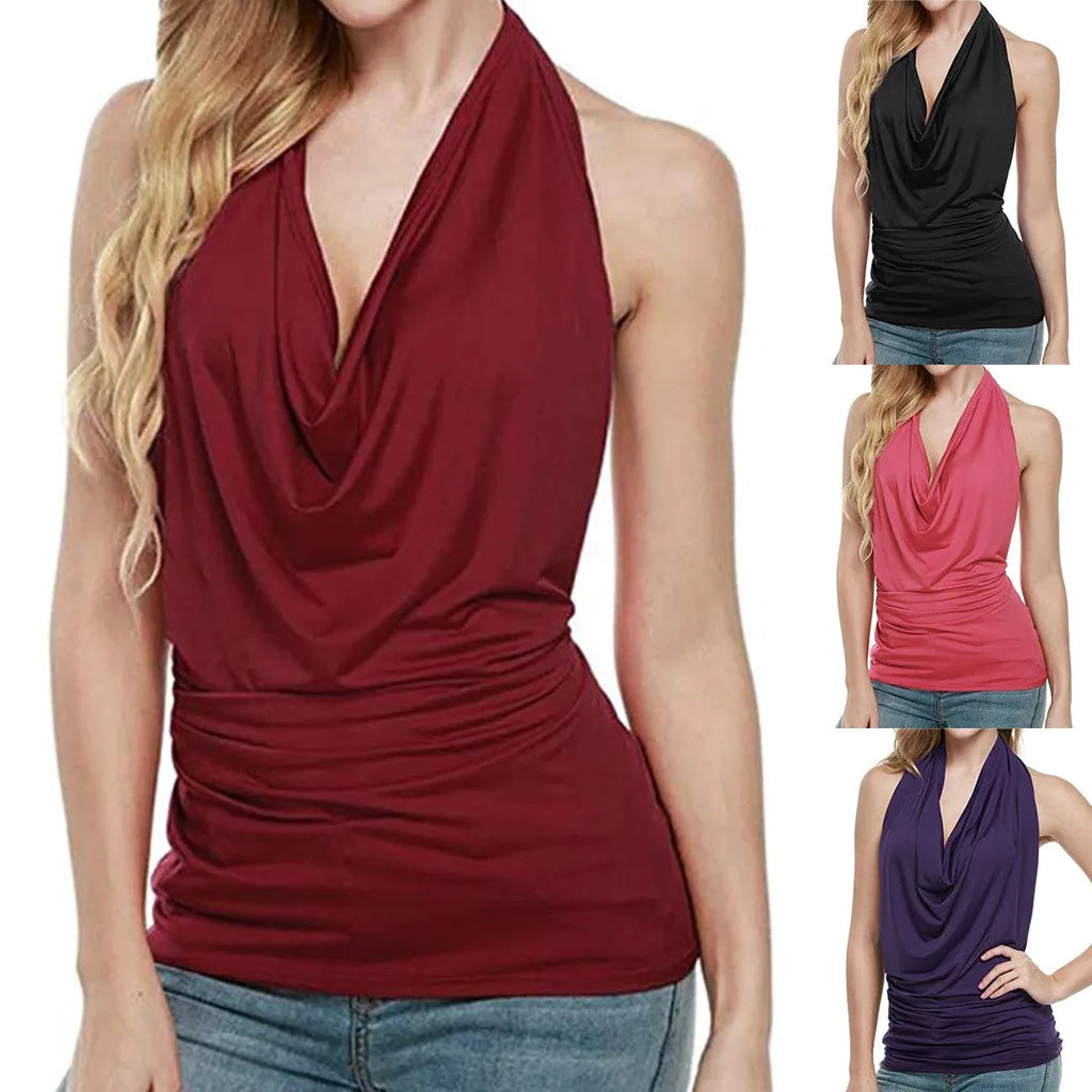 Tank Top Women Drape V Neck Sexy Tanks Camis Skinny Backless Pink Corset Tee Shirt Femme Tops Woman T-shirt