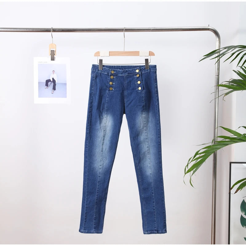 Sexy Stretchy Jeans Women High-waisted Double Breasted Slim Denim Pants Elastic Waist Female Fashion Tight Skinny Denim Trousers