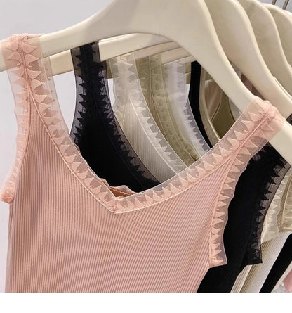 Women Summer Fashion Thin Knitted Undershirt Sleeveless Corset Top Half High Neck Comfortable Breathable Lace Tank Top 2025