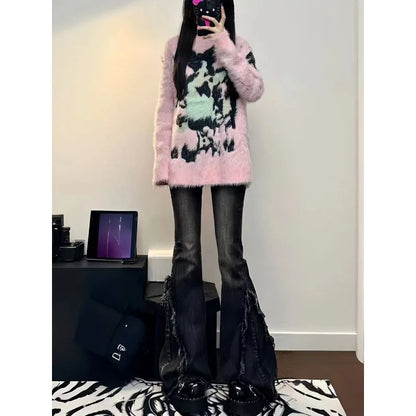American Style Retro High Street Ruffled Denim Jeans for Women in Autumn Low Waisted High Elastic Slimming Wide Leg Mop Pants