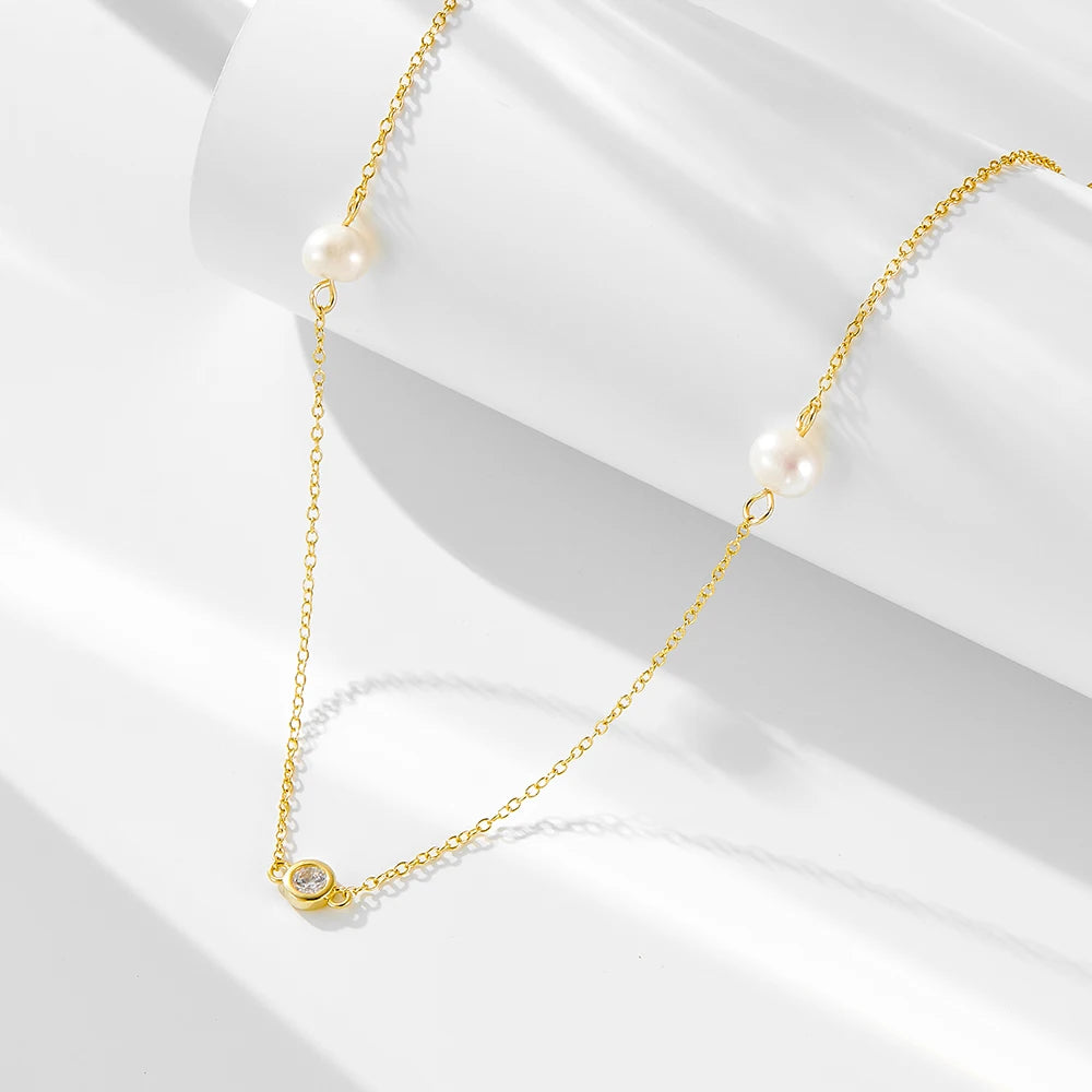 fashion jewelry 925 sterling silver necklaces natural freshwater pearl round zircon gold plated necklaces for women