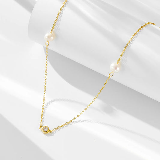 fashion jewelry 925 sterling silver necklaces natural freshwater pearl round zircon gold plated necklaces for women