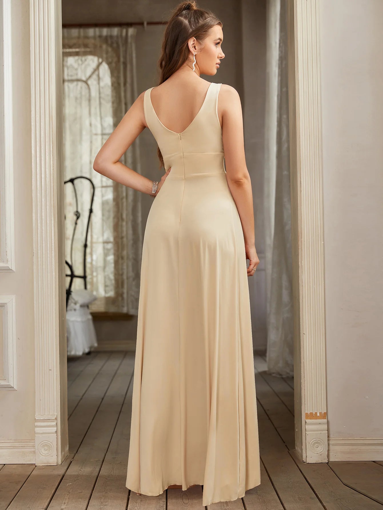 Women Evening Dresses 2023 Sister Group Sexy Split V Neck Backless Sleeveless Formal Wedding Party Prom Gowns Bridesmaid Vestido