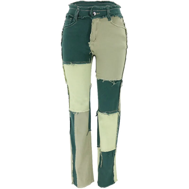 2025 Hot Sale Mixed Color Patchwork Jeans For Women Fashion High Stretch Denim Straight Pants Street Hipster Trousers XS-2XL