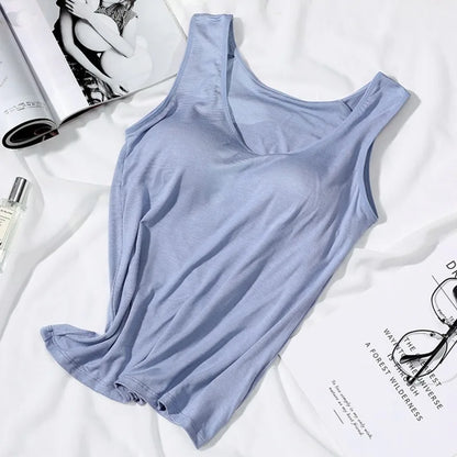 Women's Vest Tops With Built In Bra Neck Vest Padded Slim Fit Tank Tops Sexy Shirts Feminino Casual Underlay shirt slimming