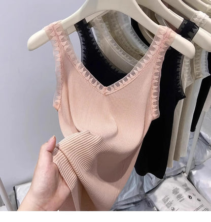2025 Women Summer Fashion Thin Knitted Undershirt Sleeveless Corset Top Half High Neck Comfortable Breathable Lace Tank Top New