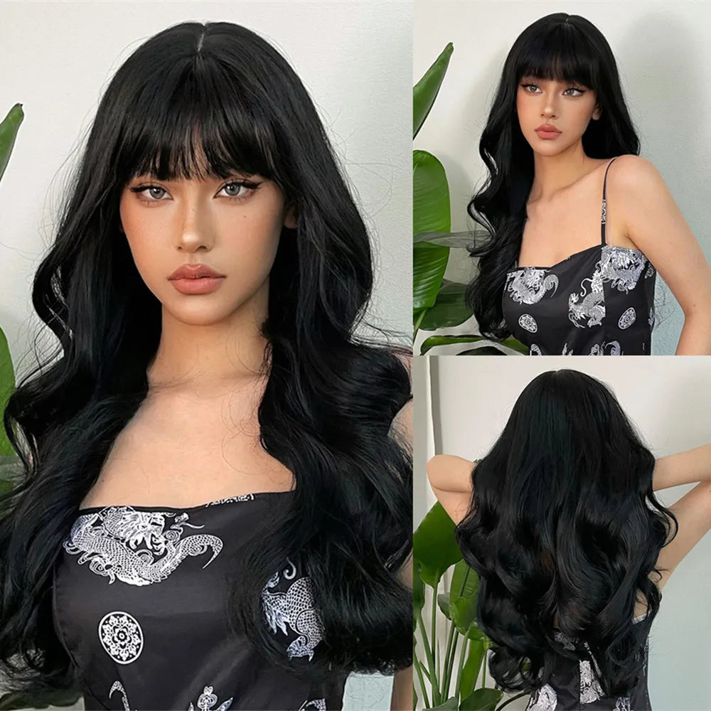 HENRY MARGU Burgundy Long Wavy Wigs Wine Red Wig with Bangs for Women Daily Synthetic Hair Cosplay Wig Heat Resistant Fiber