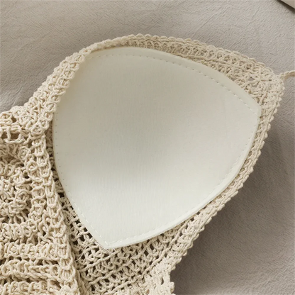 Women Summer Beach Boho Crop Tops Sexy Y2K Knitted Backless Hollow Out Tank Tops Crochet Tassels Hem Halter Bras Bustier Top