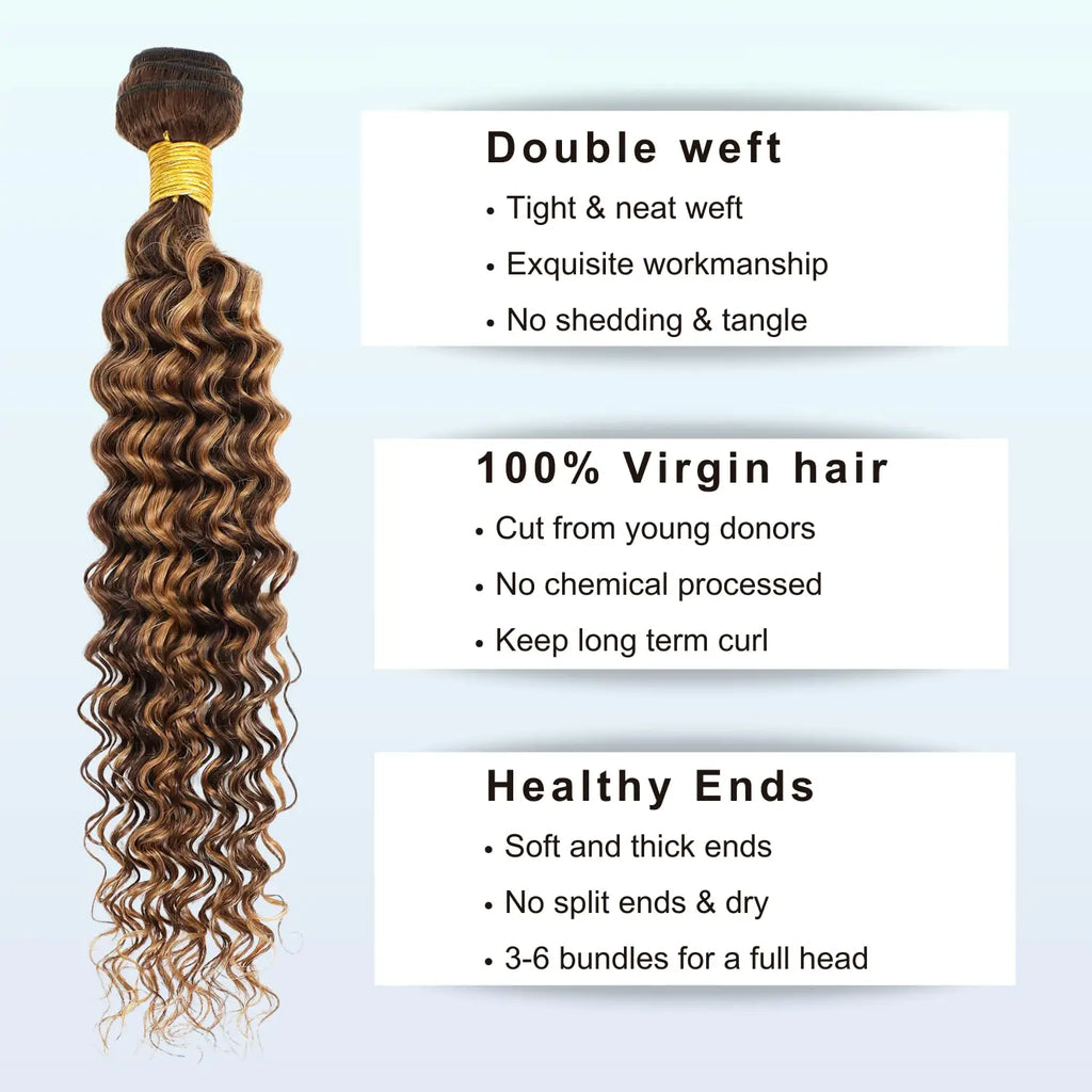 4/27 Bundles Brazilian Hair Bundles Highlight Honey Blonde Human Hair Bundle Weave Double Weft Deep Wave Virgin Hair Weaves