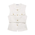 Women's Tweed Waistcoat With Belt, O Neck, Sleeveless, Front Button, Female Outerwear, Chic Tops, Fashion