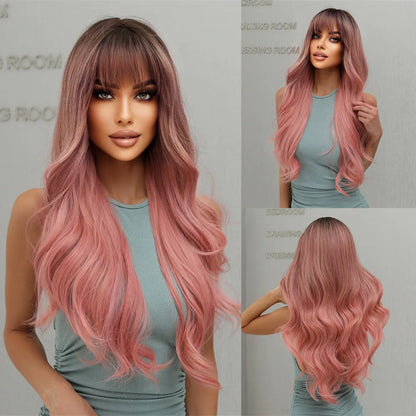 HENRY MARGU Burgundy Long Wavy Wigs Wine Red Wig with Bangs for Women Daily Synthetic Hair Cosplay Wig Heat Resistant Fiber