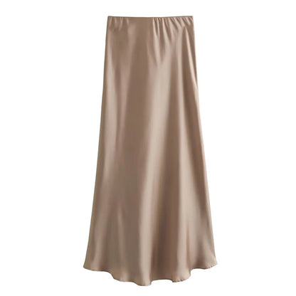 TRAF Women's Skirt Summer Elegant Satin Skirt Stylish Lady High Waist Skirts Cylinder Green Black Skirt Woman Office Street Wear