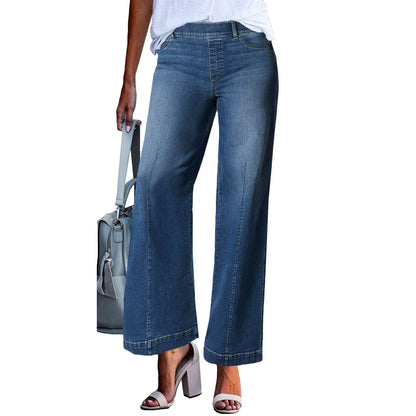 Women Seamed Front Wide Leg Jeans Elastic Waist Stretch Denim Flare Jeans High Waisted Jean Bell Bottom Cropped Pants pantalones