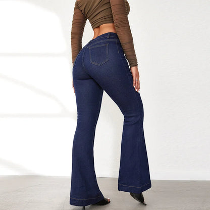 Elegant Single Breasted Women's Denim Flare Pants Retro High Waist High Package Slim Commute Jeans 2025 New Chic Ladies Trousers