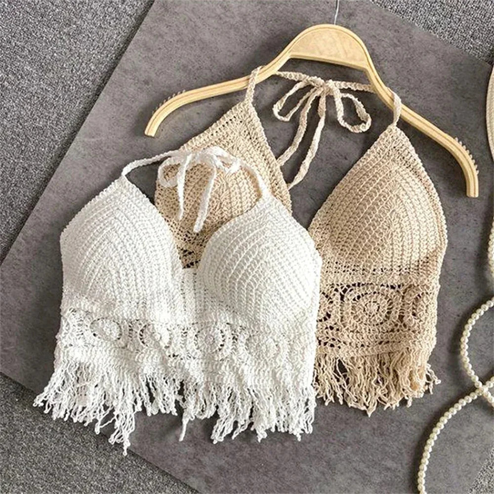 Women Summer Beach Boho Crop Tops Sexy Y2K Knitted Backless Hollow Out Tank Tops Crochet Tassels Hem Halter Bras Bustier Top