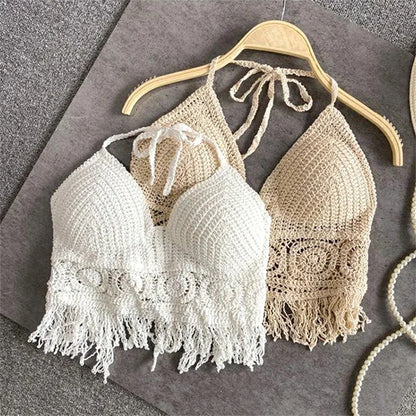 Women Summer Beach Boho Crop Tops Sexy Y2K Knitted Backless Hollow Out Tank Tops Crochet Tassels Hem Halter Bras Bustier Top