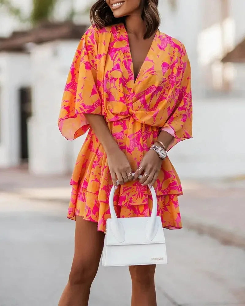 Women Dresses Fashion Vacation Sundress Women's Bat Sleeve Ruffles Dresses Summer Irregular Mini Dress