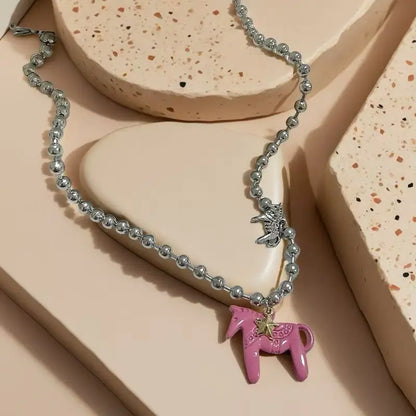 LATS White Black Green Blue Pink Color Enamel Colt Horse Pendant Necklaces for Women Silver Plated Alloy Beads Chain Chokers