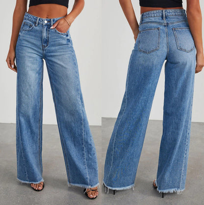 Women Mid Waist Jeans Harajuku Streetwear Retro Fashion Autumn Loose Wide Leg Straight Loose Denim Trousers Y2k Baggy Pants