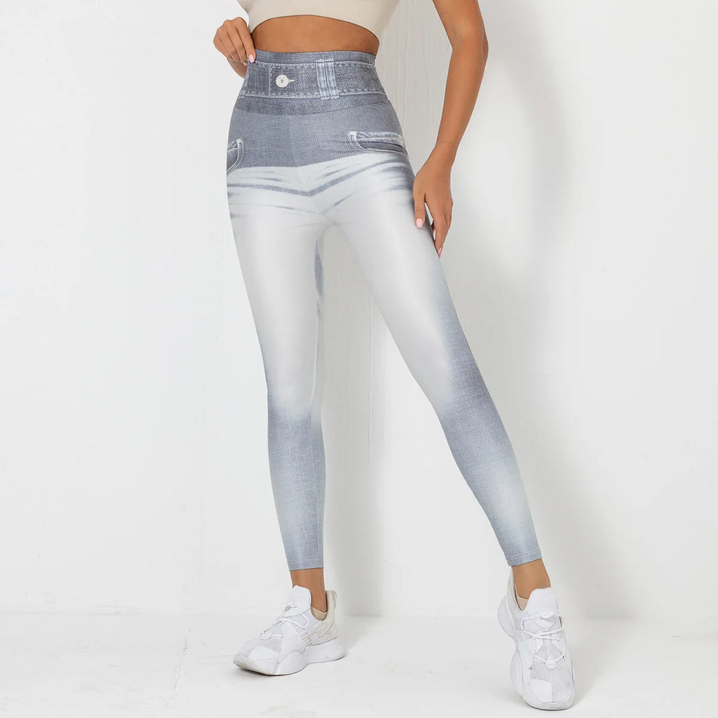Push Up Yoga Pants Women Fitness Leggings Imitation Jeans Patchwrok Scrunch Tights High Waist Leggings Gym Workout Sport Leggins