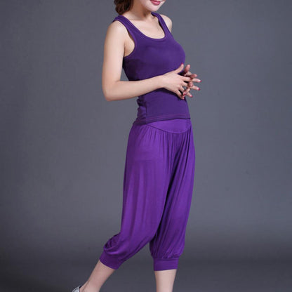 Summer Women Yoga Pants Modal Solid Color Yoga Cropped Pants Wide Elastic Waistband Dance Performance Wide Leg Pants Bloomers