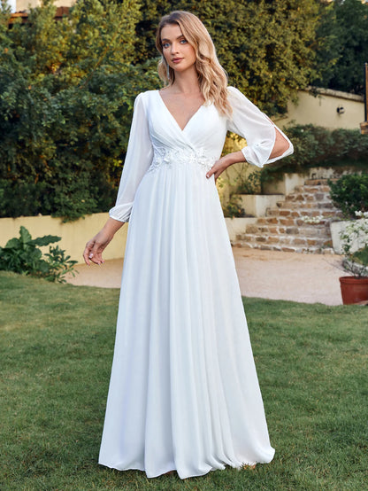 2025 Women Evening Dresses Sexy Deep V-Neck Tulle Full Sleeve Prom Gowns Appliques Empire Pleated A-Line Elegant Bridal Dress