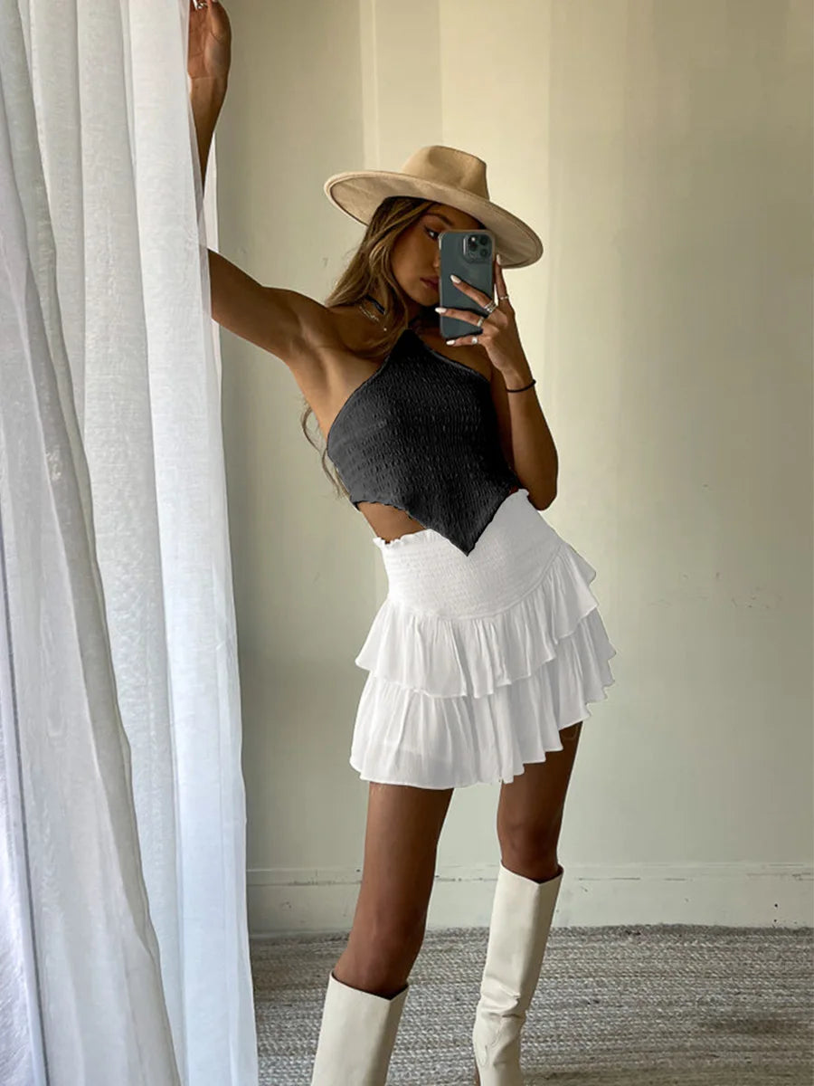 Women's High Waist Ruffle Pleated Mini Skirts Solid Lined Layered Flared Flowy Casual Swing Summer Boho Beach Mini Short Skirt