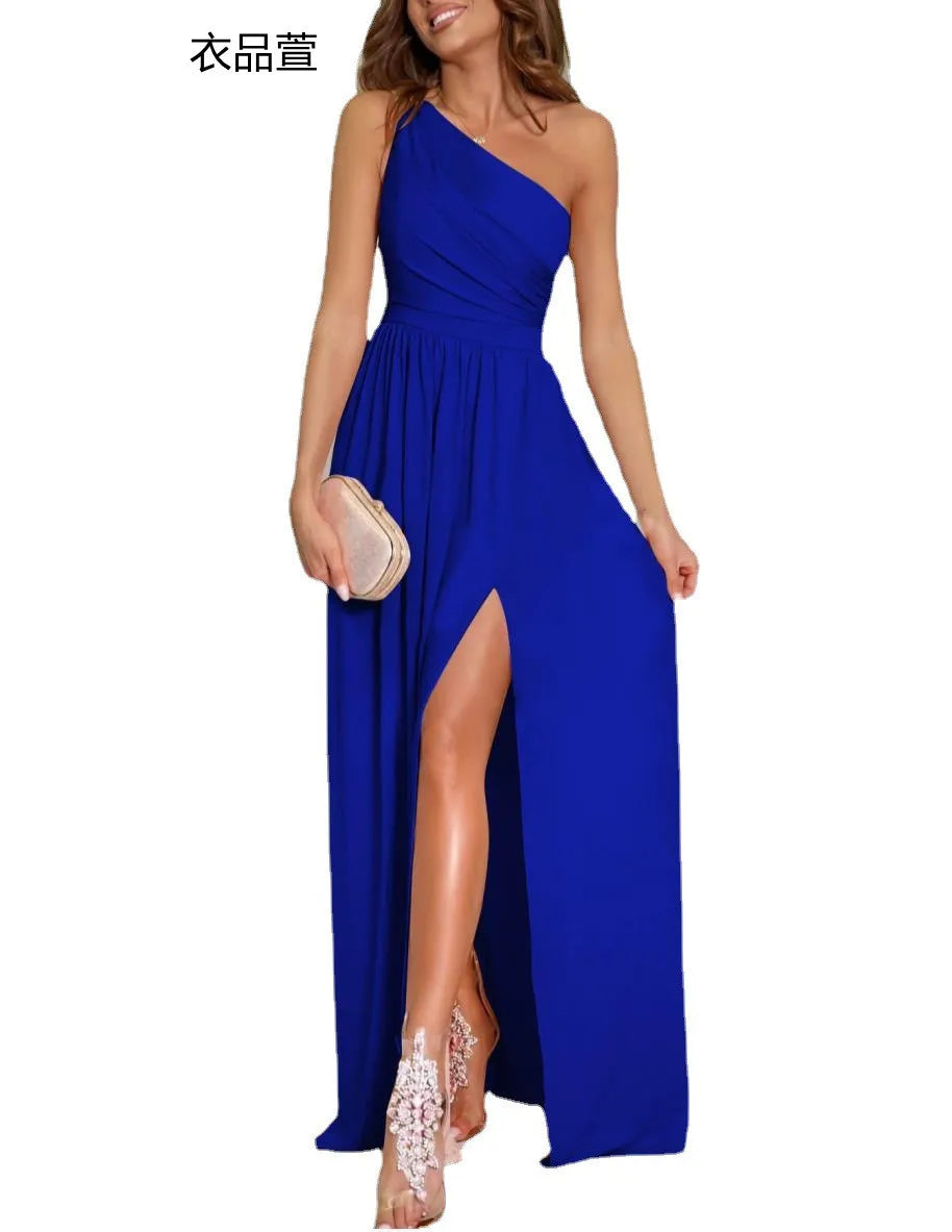 Women Elegant Luxury Dress Evening Party Prom Wedding Club Graduation Backless Sleeveless One Shoulder Maxi Dresses Sexy Vestido