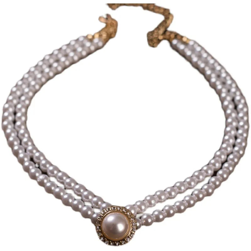 Women Elegant Pearl Double Layers Necklace Earrings Exquisite Vintage Classic Chains For Lady Party Wedding Retro Jewelry Choker