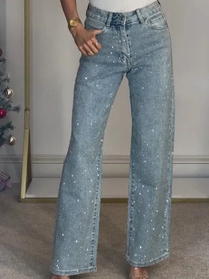 Jeans for Women Straight Diamonds Pants Stretch High Waist Washed Mom Jeans Vintage Denims Streetwear Y2k Streetwear Trousers