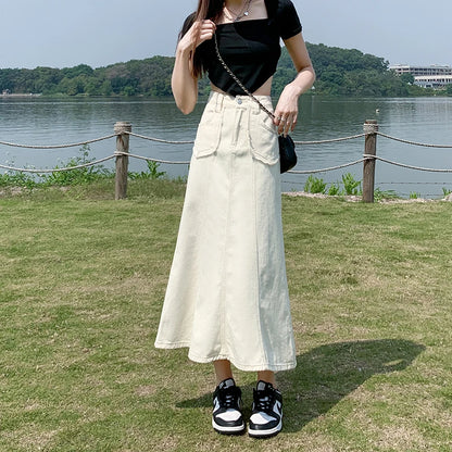 Apricot Denim Skirt Summer Women's 2024 New High Waist Slim Fashion Design Pocket Hip A-line Ankle-length Jean Skirt