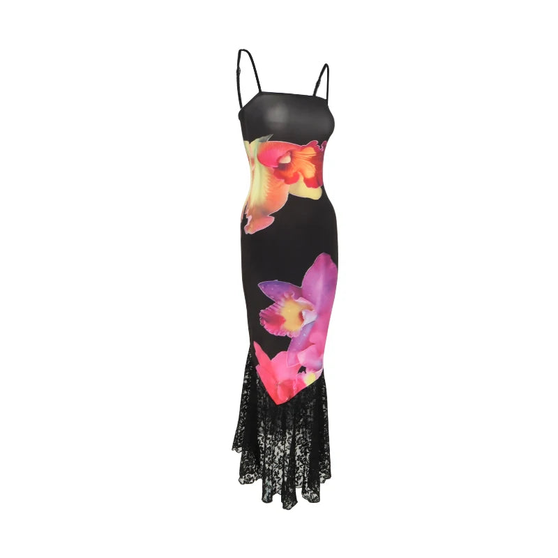 Women's Dresses New Summer Sexy Black Lace Fashion Print Sleeveless Backless Strap Maxi Dress Casual Club Elegant Female Dresses