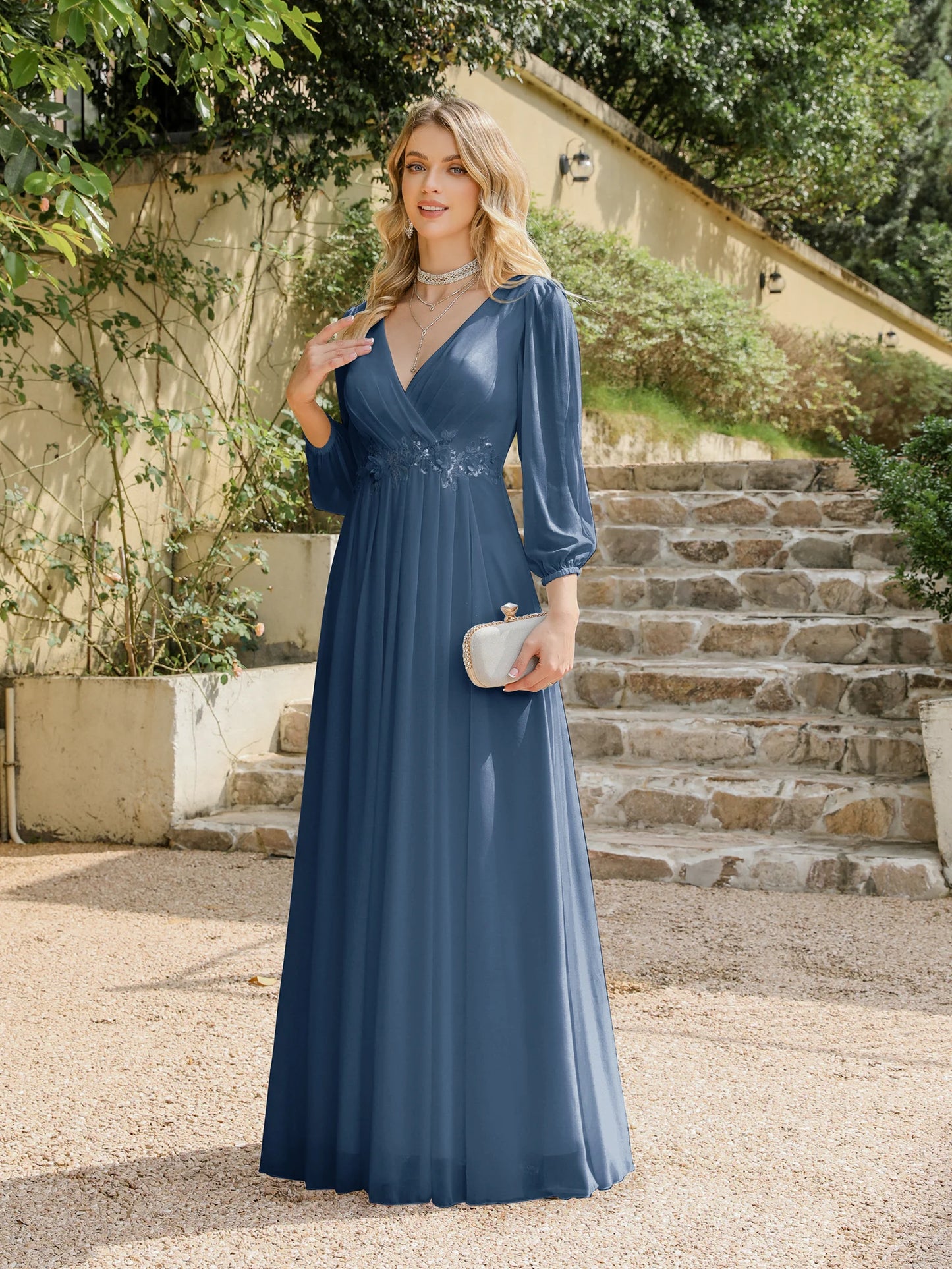 2025 Women Evening Dresses Sexy Deep V-Neck Tulle Full Sleeve Prom Gowns Appliques Empire Pleated A-Line Elegant Bridal Dress