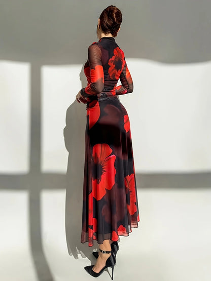Elegant Dress  Flower Print  Women's Streetwear Fashion o-Neck Skinny Sexy Lady Dresses 2025 Summer New