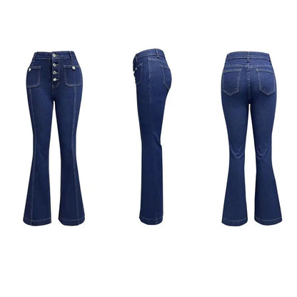 Elegant Single Breasted Women's Denim Flare Pants Retro High Waist High Package Slim Commute Jeans 2025 New Chic Ladies Trousers