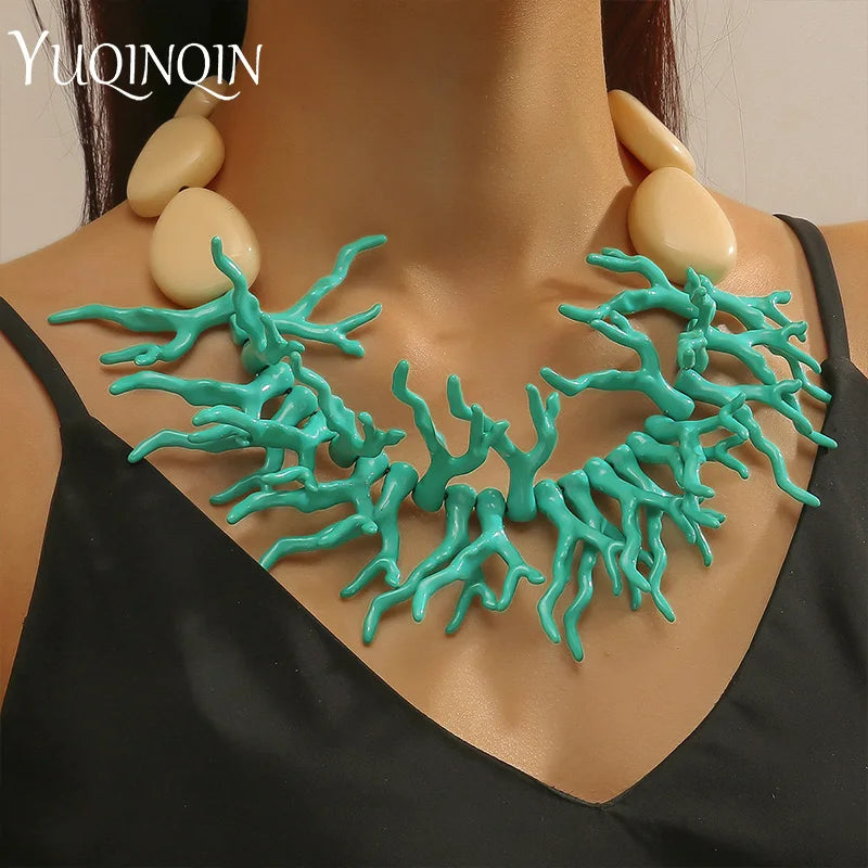 Trendy Vintage Beaded Chain Bohemian Necklaces for Women Big Beads Coralline Pendant Necklace Colorful Bib Jewelry Boho Gifts