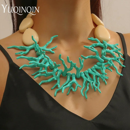 Trendy Vintage Beaded Chain Bohemian Necklaces for Women Big Beads Coralline Pendant Necklace Colorful Bib Jewelry Boho Gifts