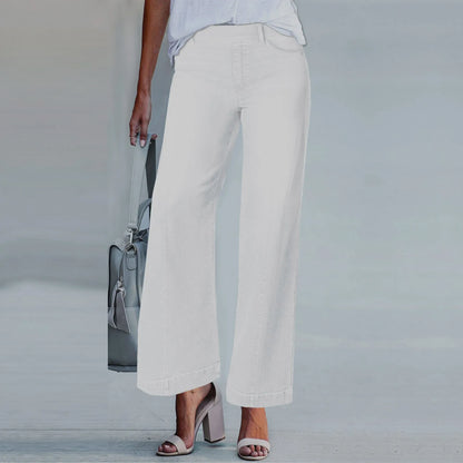 New Wide Leg Jeans For Women Seamed Front Wide Leg Jeans Solid Color Casual Fashion Straight Elastic Waist Trousers For Women