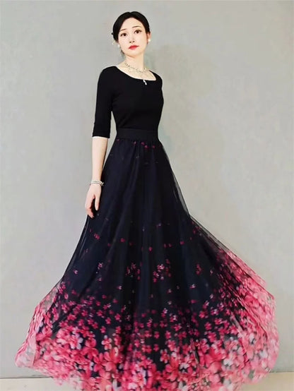 Skirt Women's Long Skirt 2024 New High Waist Slim A-line large Swing Skirt Female A-Line Skirts Summer Sakura Gradient Long Skir