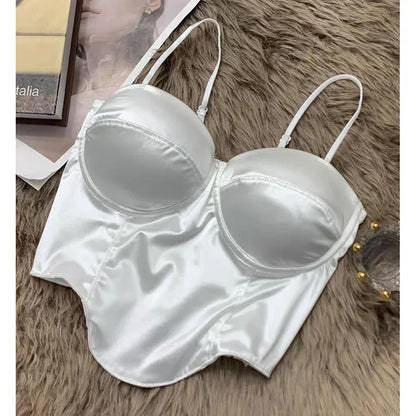 2024  Women Sexy Crop Top Solid Pleated Satin Tanks Top With Bra Pad Beach Camis Spaghetti Backless Casual Top Spring Summer