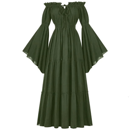 Women Renaissance Irish Dress Off Shoulder Medieval Peasant Dress Pirate Costume Wench Retro Gown Smocked Waist Maxi Long Dress