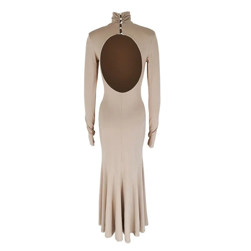 Women's Dresses Autumn Winter New Sexy Solid Backless Elegant Dress Streetwear Fashion Casual Slim Turtleneck Long Sleeves Dress