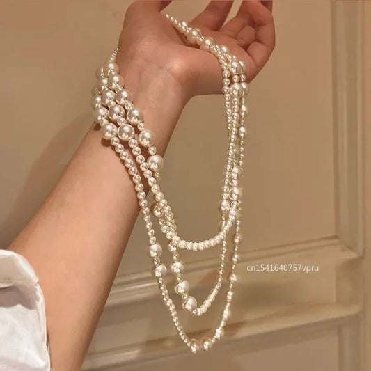 Luxury Necklace Multi-layered Pearl Necklace for Women Fashionable Long Chain Dress Accessory