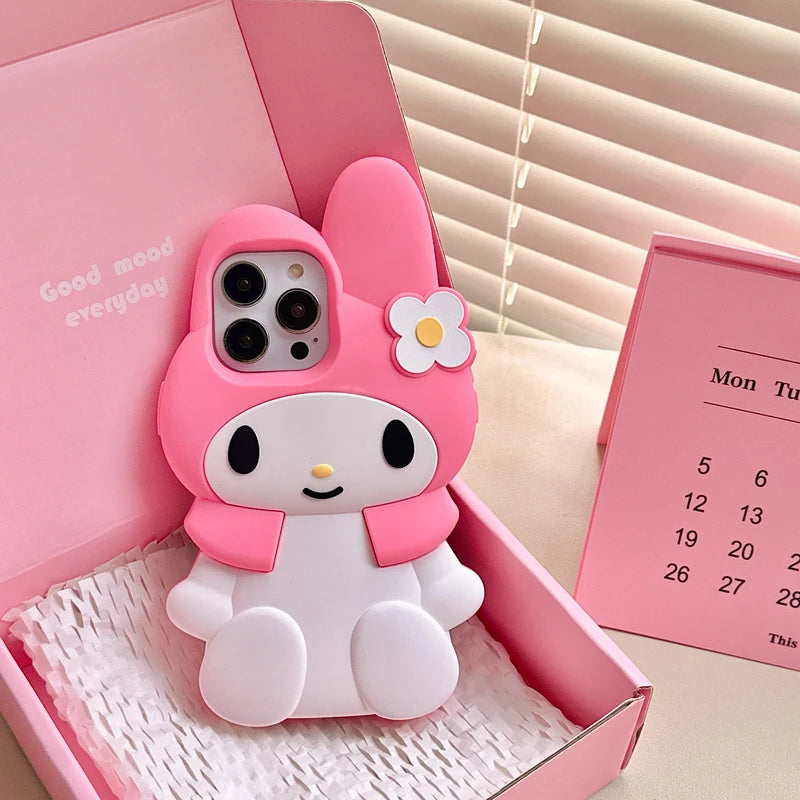 3D Kawaii Cute Cartoon Japan Sanrio Melody Phone Case For iPhone 15 Pro 14 13 12 11 Pro Max Cases Shockproof Soft Silicone Cover