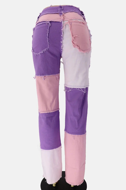2025 Hot Sale Mixed Color Patchwork Jeans For Women Fashion High Stretch Denim Straight Pants Street Hipster Trousers XS-2XL